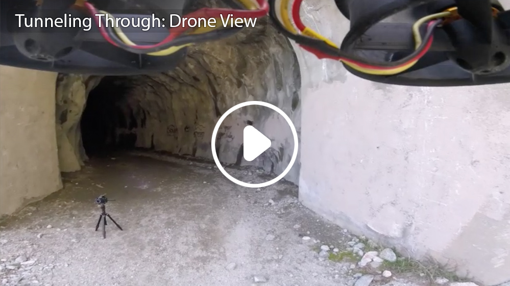 An amazing view of the Digital Aerolus Defender 95 flying through a cave, showcasing its stability entirely without GPS or Wi-Fi
